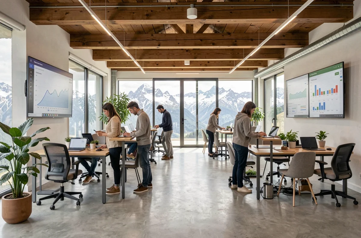 Agence SEO en Haute-Savoie avec vue sur les montagnes alpines et équipe digitale au travail