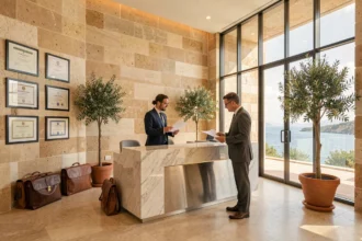 Hall d'accueil d'un grand cabinet d'avocats d'affaires en Provence-Alpes-Côte d'Azur avec vue méditerranéenne