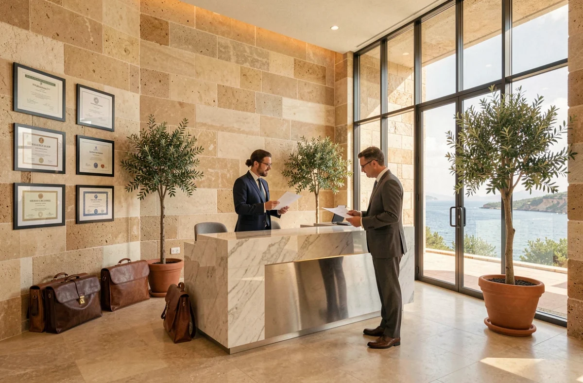 Hall d'accueil d'un grand cabinet d'avocats d'affaires en Provence-Alpes-Côte d'Azur avec vue méditerranéenne