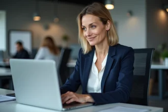 Une femme met à jour ses informations personnelles sur un formulaire en ligne depuis son bureau au travail