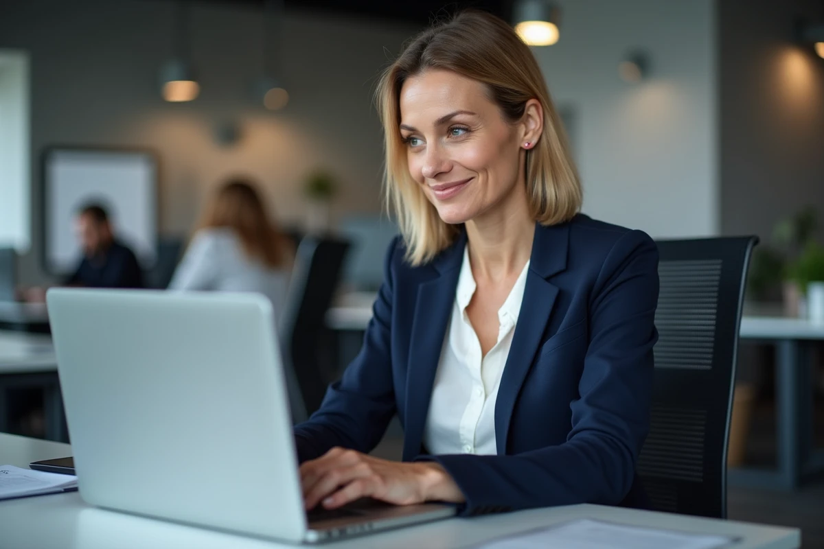 Une femme met à jour ses informations personnelles sur un formulaire en ligne depuis son bureau au travail