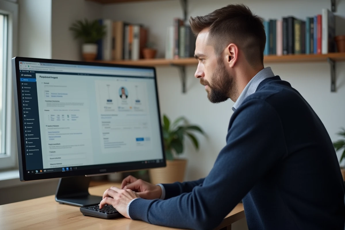 Homme en télétravail mettant à jour ses informations personnelles sur Mon ADP depuis un bureau à domicile