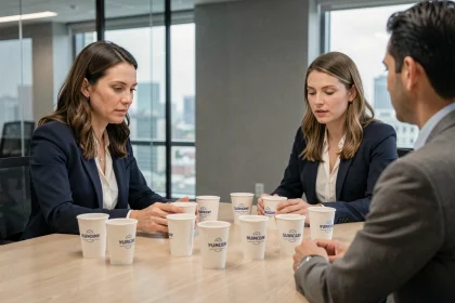 Femme d'affaires négociant le prix de gobelets personnalisés avec un fournisseur autour d'une table de réunion