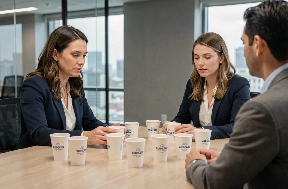 Femme d'affaires négociant le prix de gobelets personnalisés avec un fournisseur autour d'une table de réunion
