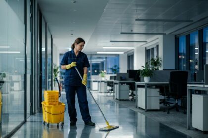Femme de ménage professionnelle nettoyant un couloir de bureau moderne avec un chariot de nettoyage