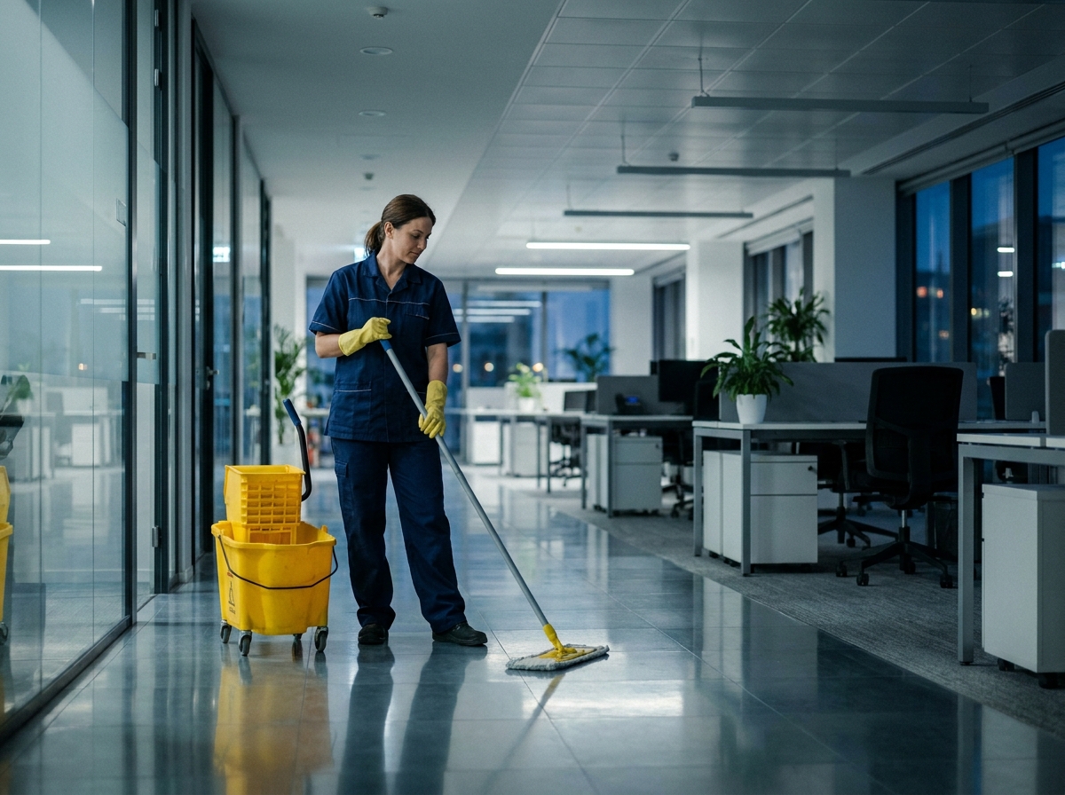 Femme de ménage professionnelle nettoyant un couloir de bureau moderne avec un chariot de nettoyage