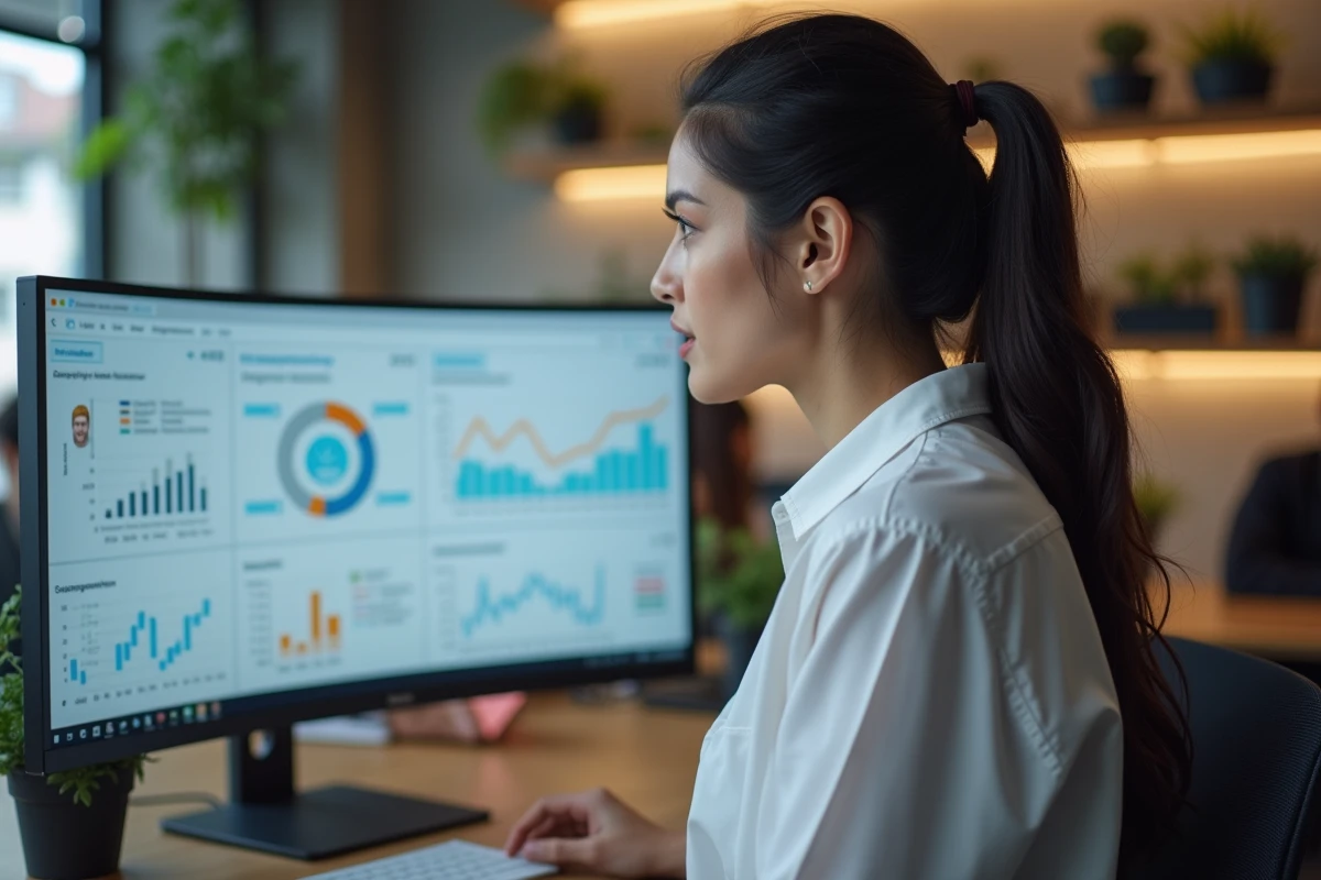 Développeuse SaaS analysant les performances d'un site vitrine sur un écran ultrawide dans un bureau moderne