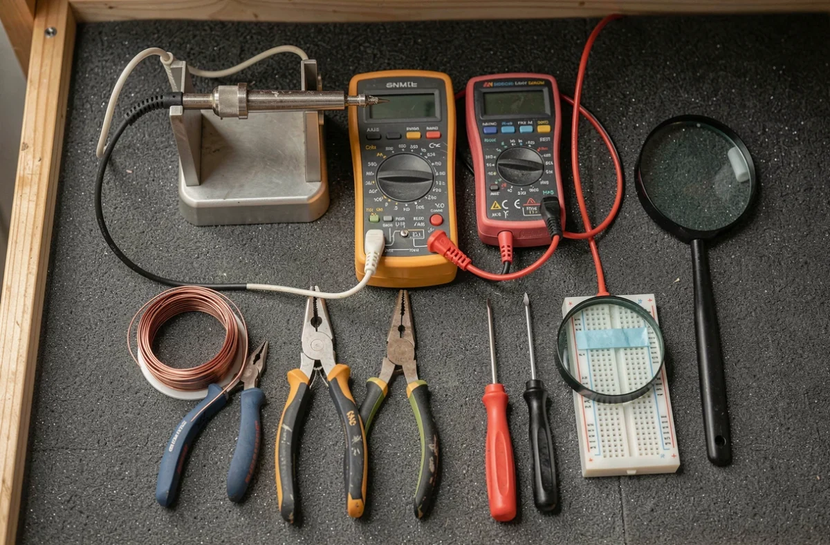 Vue de dessus des outils indispensables pour un laboratoire d'électronique maison incluant multimètre, fer à souder et pinces de précision