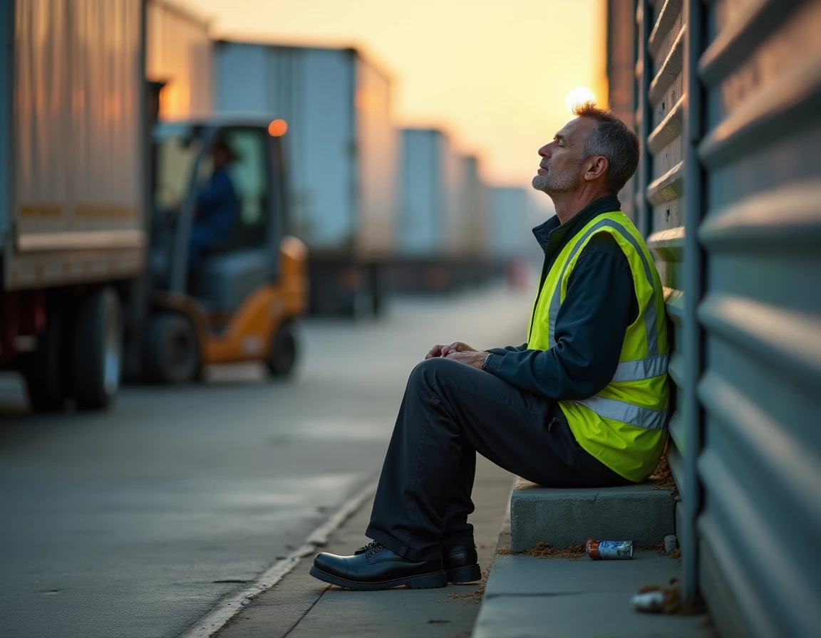 Ouvrier épuisé en pause devant un entrepôt industriel lors d'un poste de nuit en horaires 5x8