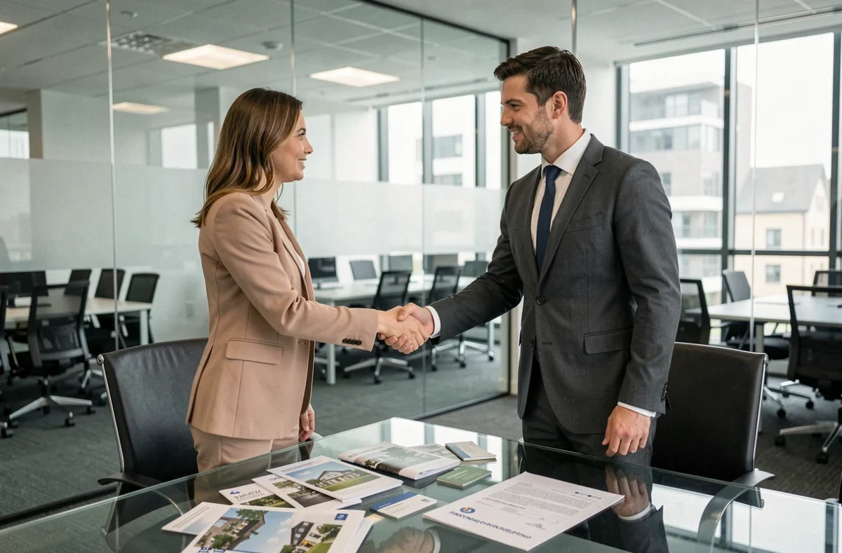 Deux professionnels de l'immobilier scellant un partenariat B2B lors d'une réunion en salle de conférence