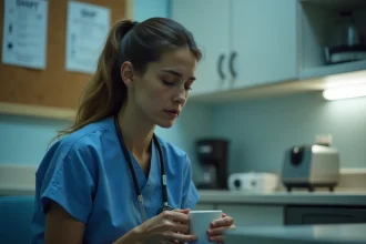 Infirmière fatiguée en pause dans une salle de repos d'hôpital pendant un travail en horaires décalés 5x8