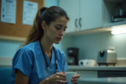Infirmière fatiguée en pause dans une salle de repos d'hôpital pendant un travail en horaires décalés 5x8