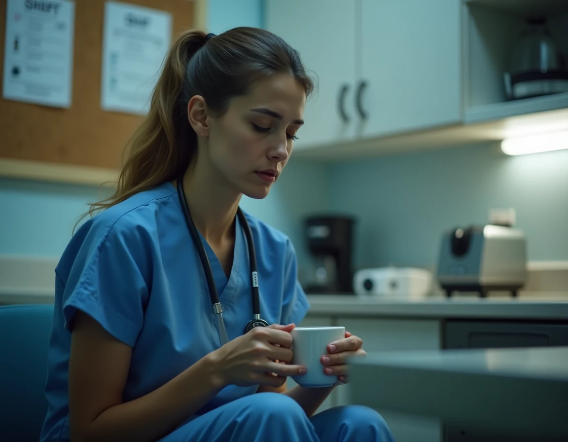Infirmière fatiguée en pause dans une salle de repos d'hôpital pendant un travail en horaires décalés 5x8