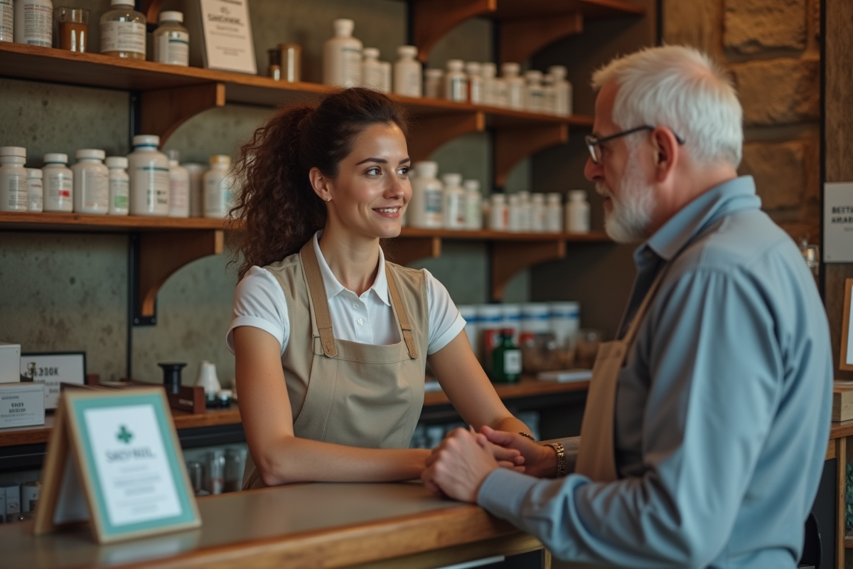 Jeune femme discutant avec un pharmacien dans une pharmacie ancienne