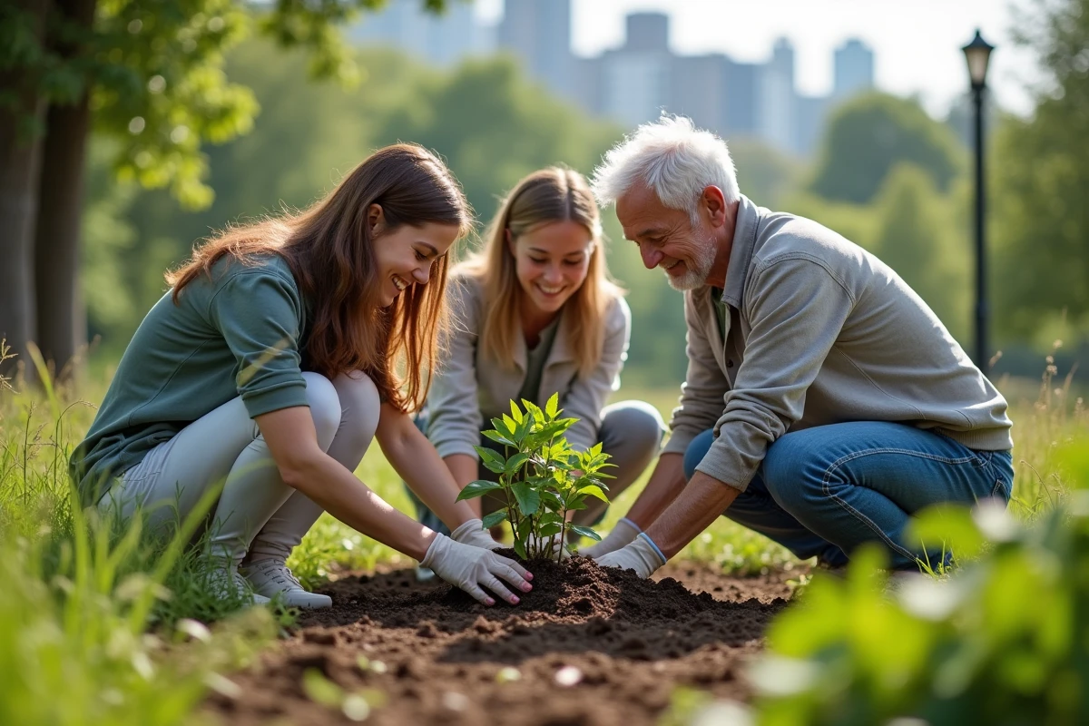 Jeunes femmes et homme plantant un arbre dans un jardin