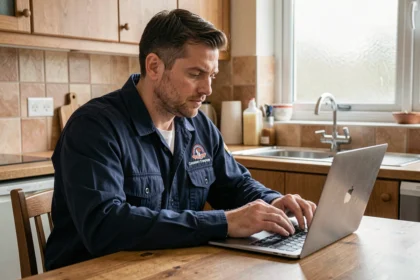 Plombier en uniforme bleu enregistrant son profil sur la plateforme Artisan-en-1-clic depuis un ordinateur portable dans une cuisine résidentielle