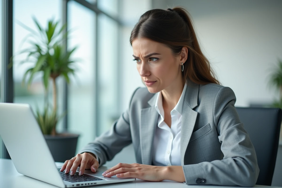 Femme en blazer gris tentant de se connecter à son espace Nibelis sur un ordinateur portable au bureau
