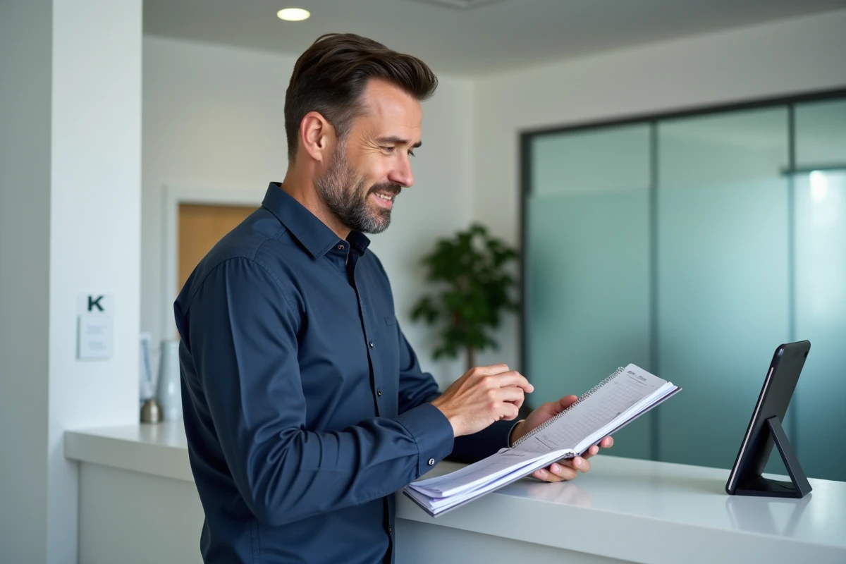 Professionnel en réception comparant un agenda papier traditionnel et une application de gestion de rendez-vous sur tablette