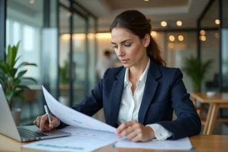 Professionnelle libérale consultant des documents juridiques relatifs à son statut AARPI dans un espace de coworking moderne