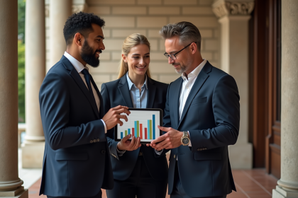 Trois professionnels en discussion devant un tableau RSE