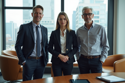 Trois professionnels dans un lounge urbain représentant différents secteurs