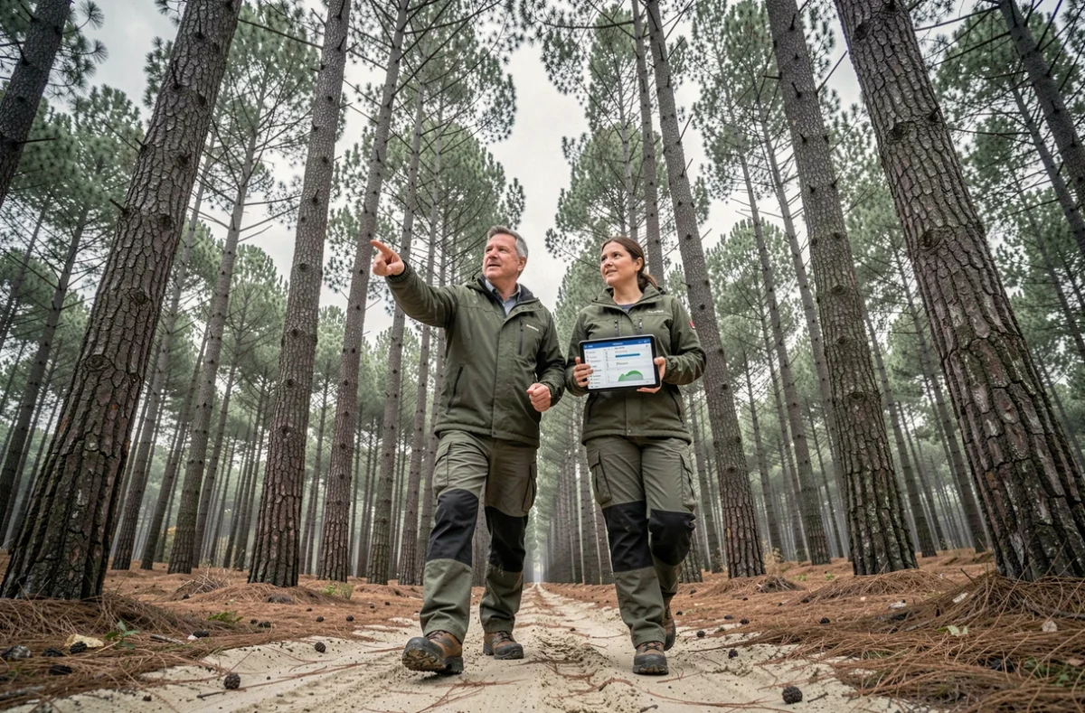 Deux professionnels forestiers en forêt de pins maritimes consultant un tableau de bord de revenus forestiers sur tablette, illustrant la gestion et la valorisation patrimoniale avec Techniforet