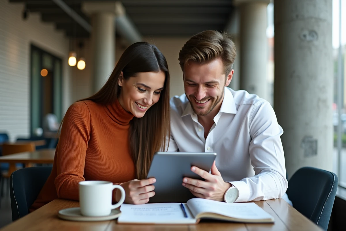 Deux jeunes professionnels discutant d'une strat&eacute;gie de contenu LinkedIn avec mise en forme en gras sur une tablette dans un caf&eacute; urbain