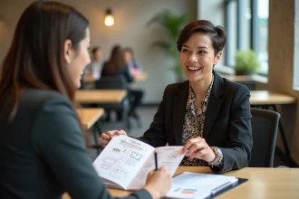 Femme au profil atypique présentant son portfolio à un recruteur lors d'un salon de l'emploi