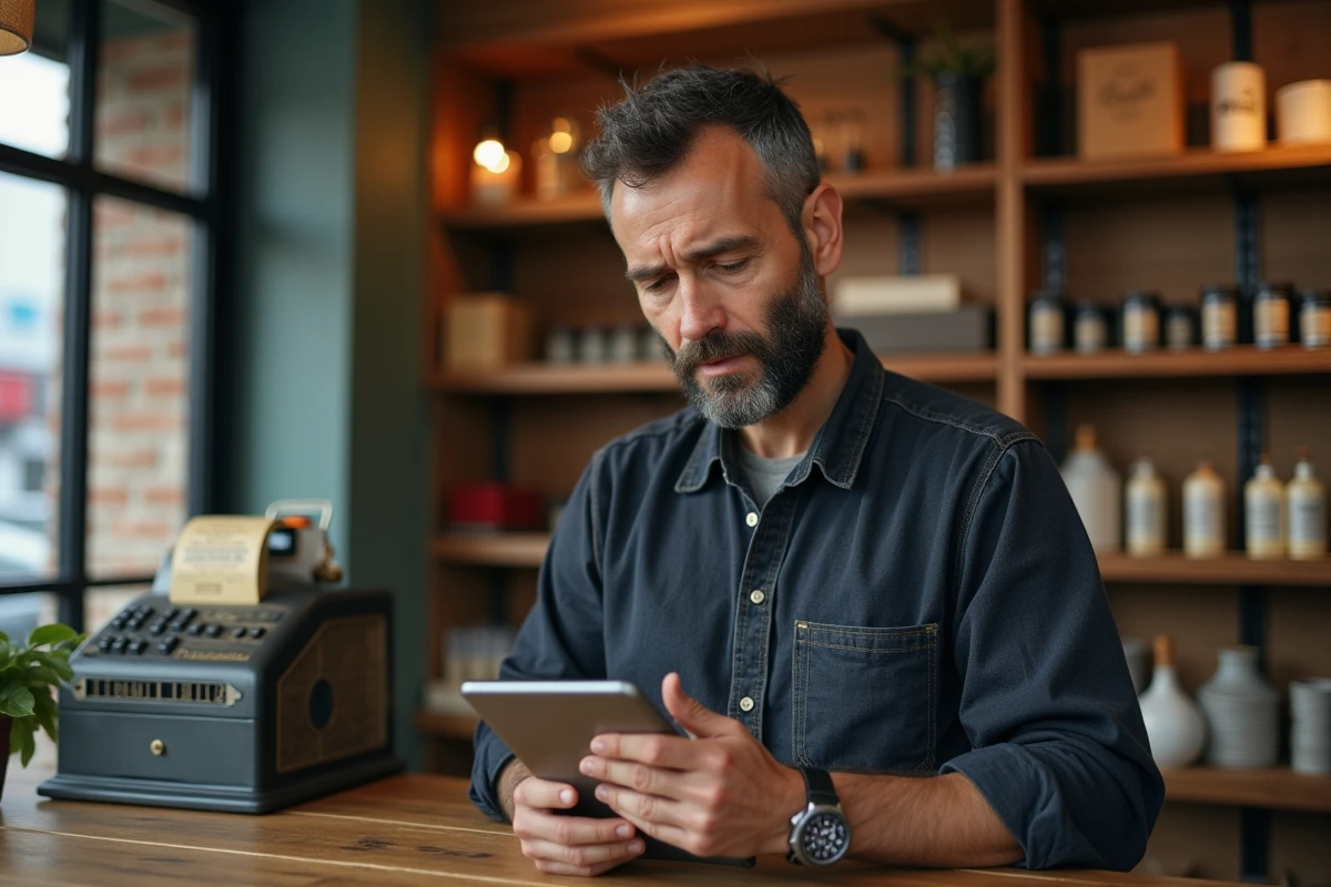 Propri&eacute;taire de commerce consultant un bilan financier pour calculer et optimiser les frais li&eacute;s &agrave; la vente de son fonds de commerce