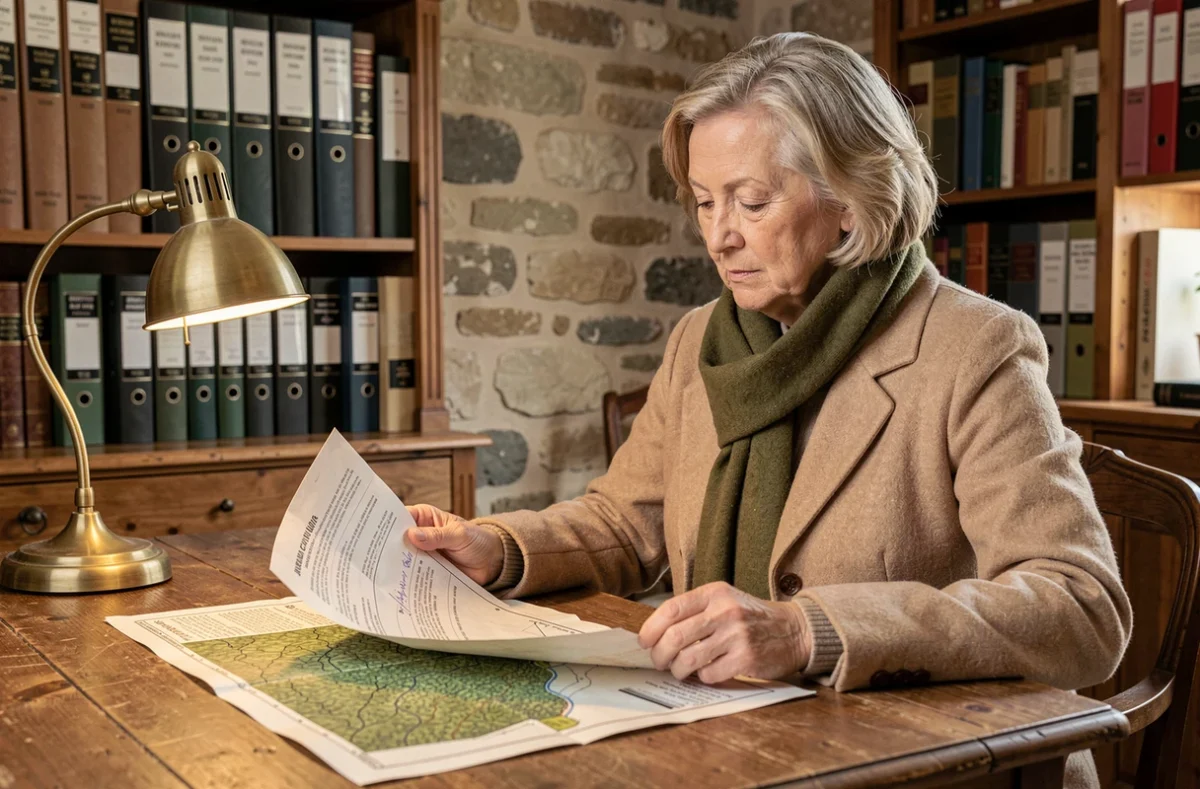 Propriétaire forestière étudiant un rapport de valorisation foncière dans un bureau notarial rural, symbolisant la fiscalité et la gestion de patrimoine forestier