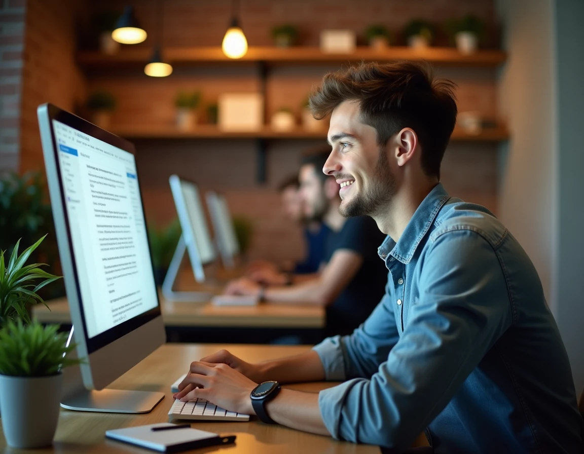 Jeune professionnel rédigeant un email de prospection commerciale pour convertir un contact en rendez-vous qualifié dans un espace de coworking