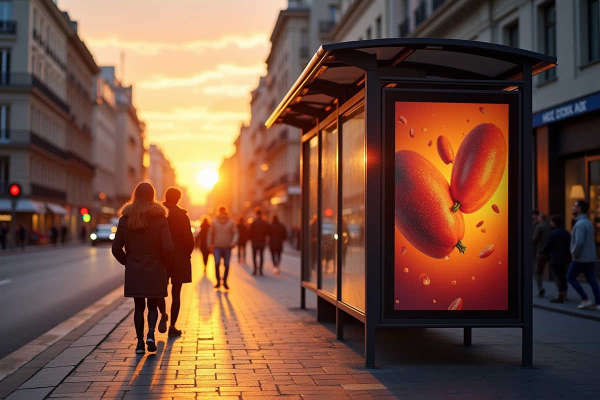 Rue de ville au coucher du soleil avec affiche publicitaire lumineuse