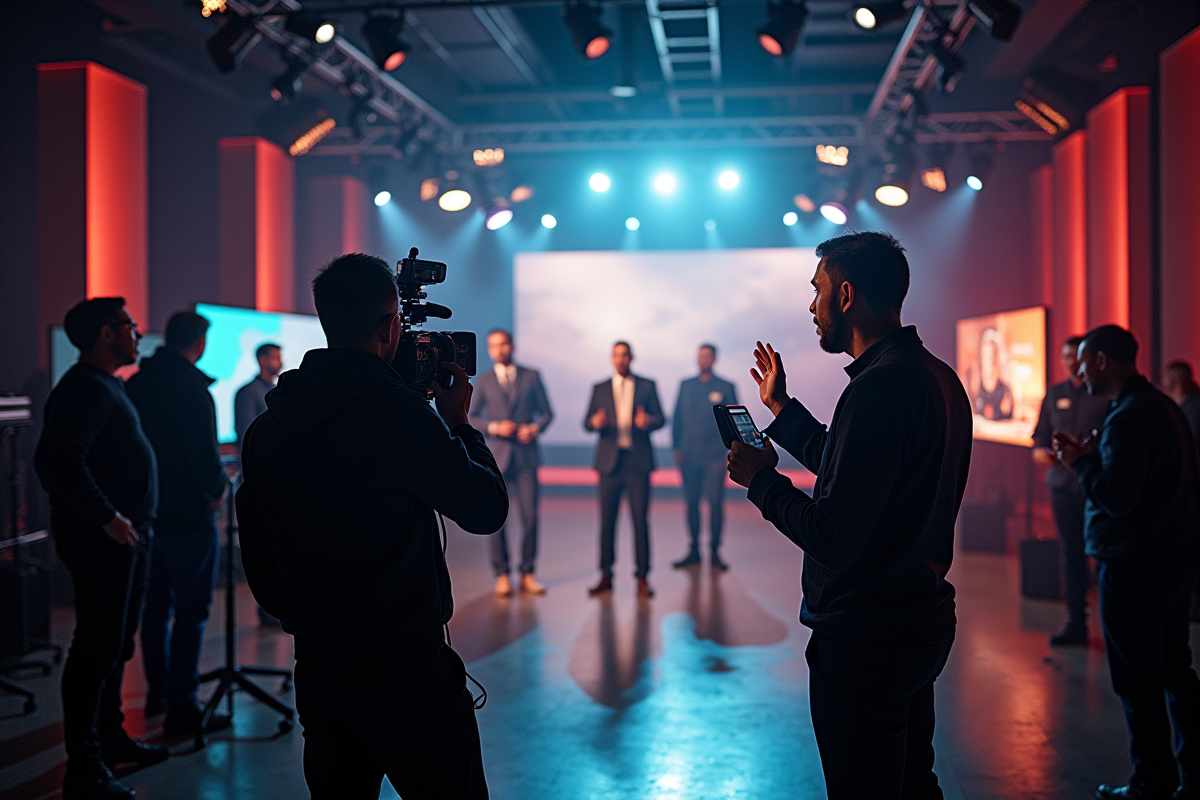 Réalisateur guidant acteurs sur plateau lumineux