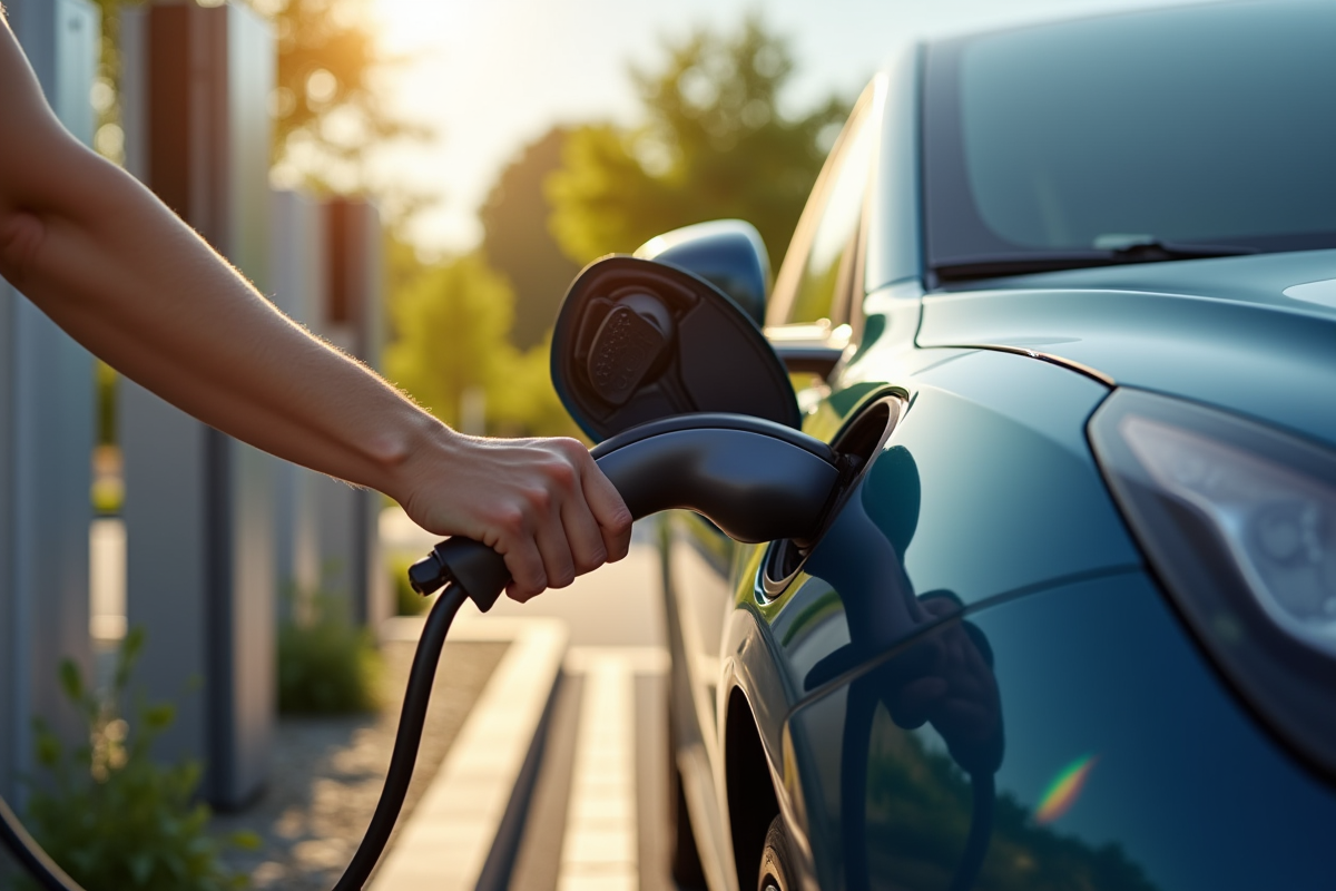 Mains branchant une voiture électrique au chargeur solaire