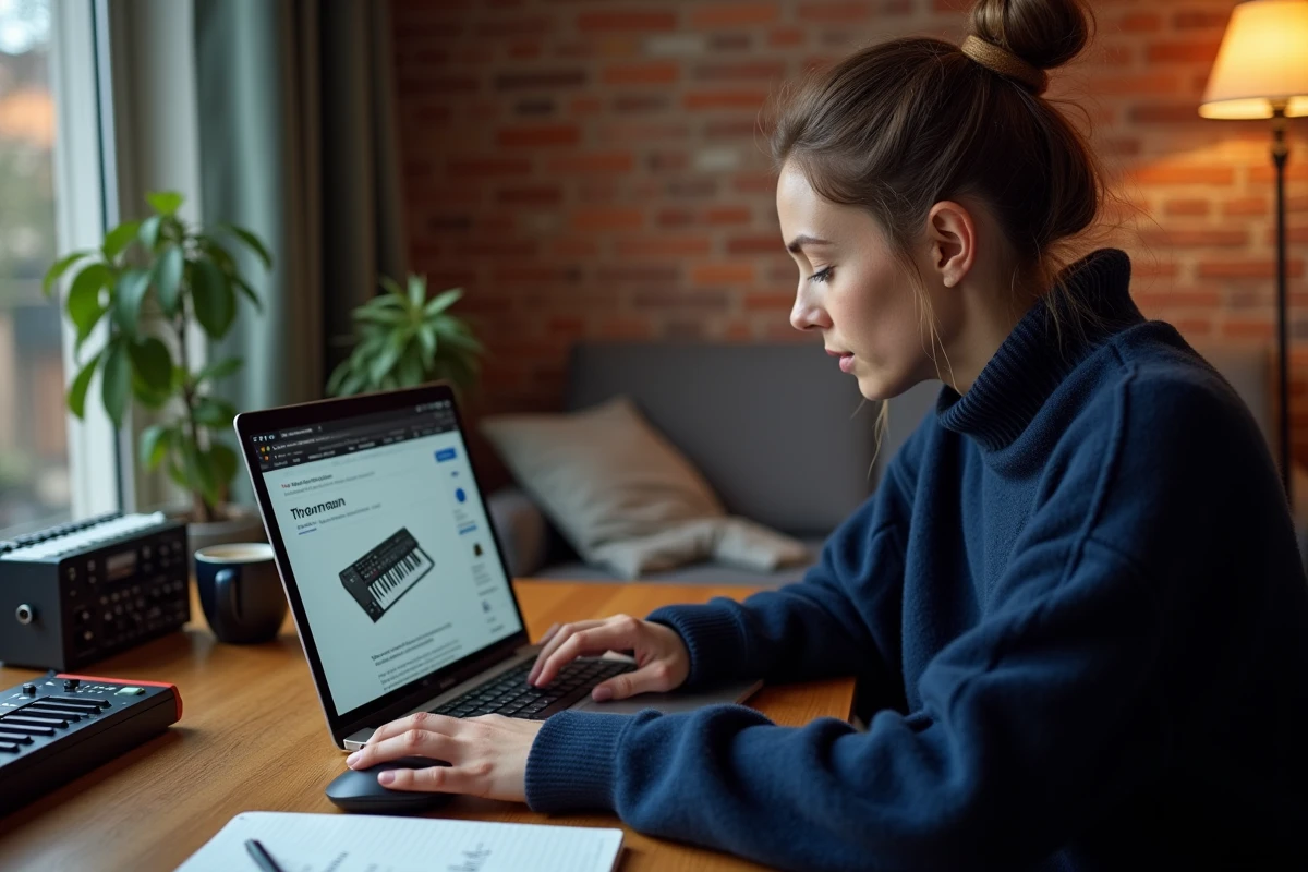 Femme consultant le site Thomann sur un ordinateur portable pour comparer des instruments de musique