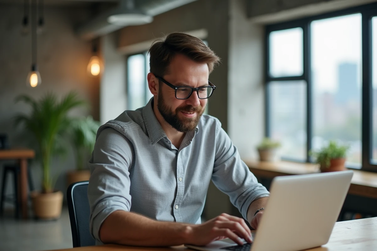 Salarié Altran recherchant les coordonnées du CSE en ligne sur son ordinateur portable dans un coworking