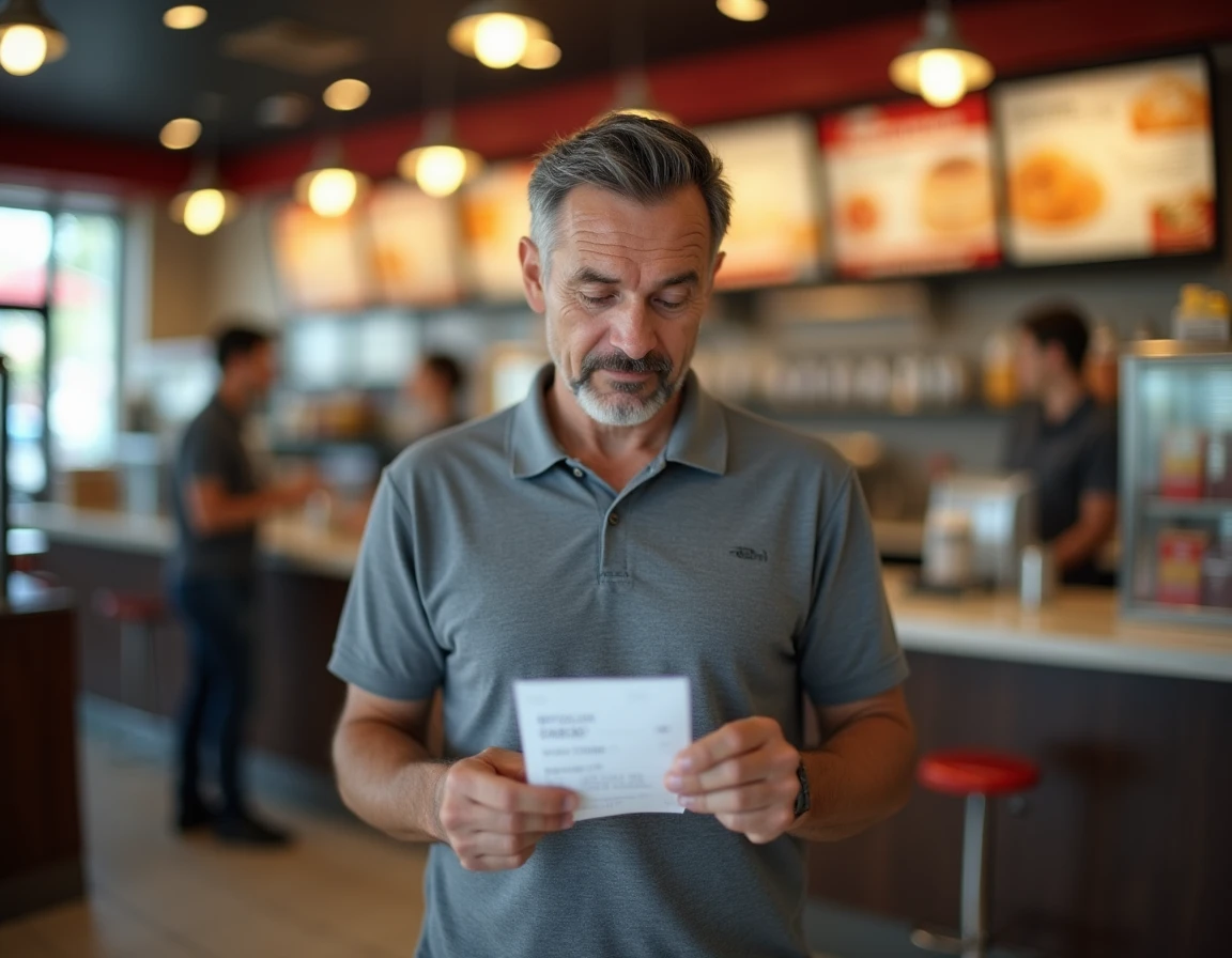 Client tenant un reçu Burger King avec un code d'accès au sondage de satisfaction bkvousecoute fr