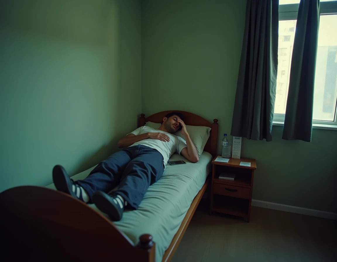 Travailleur en horaires décalés allongé habillé sur son lit tentant de récupérer entre deux postes de travail 5x8