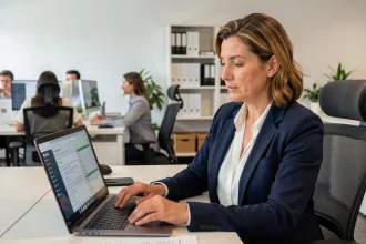 Responsable d'agence d'intérim consultant la plateforme Coffreo sur ordinateur portable pour gérer des contrats numériques