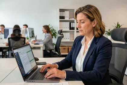 Responsable d'agence d'intérim consultant la plateforme Coffreo sur ordinateur portable pour gérer des contrats numériques