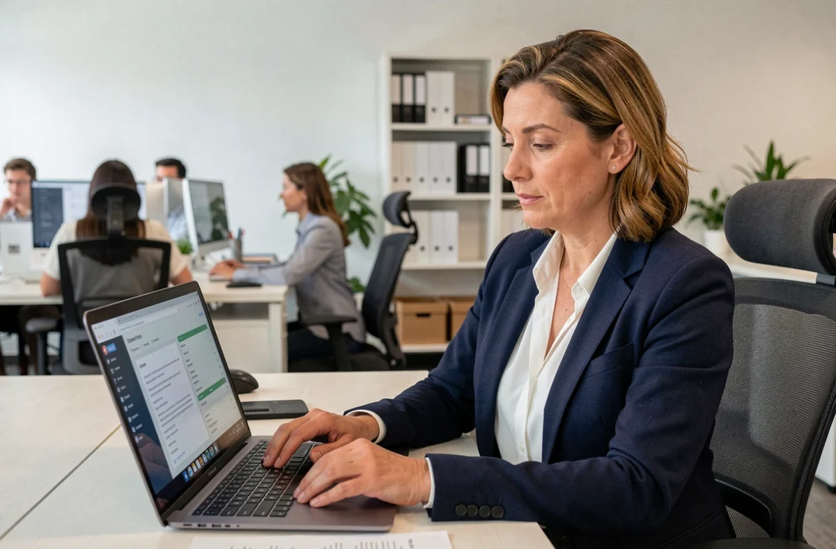 Responsable d'agence d'intérim consultant la plateforme Coffreo sur ordinateur portable pour gérer des contrats numériques