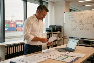 Responsable logistique analysant des documents de transport et de dédouanement liés à l'Incoterm DDP