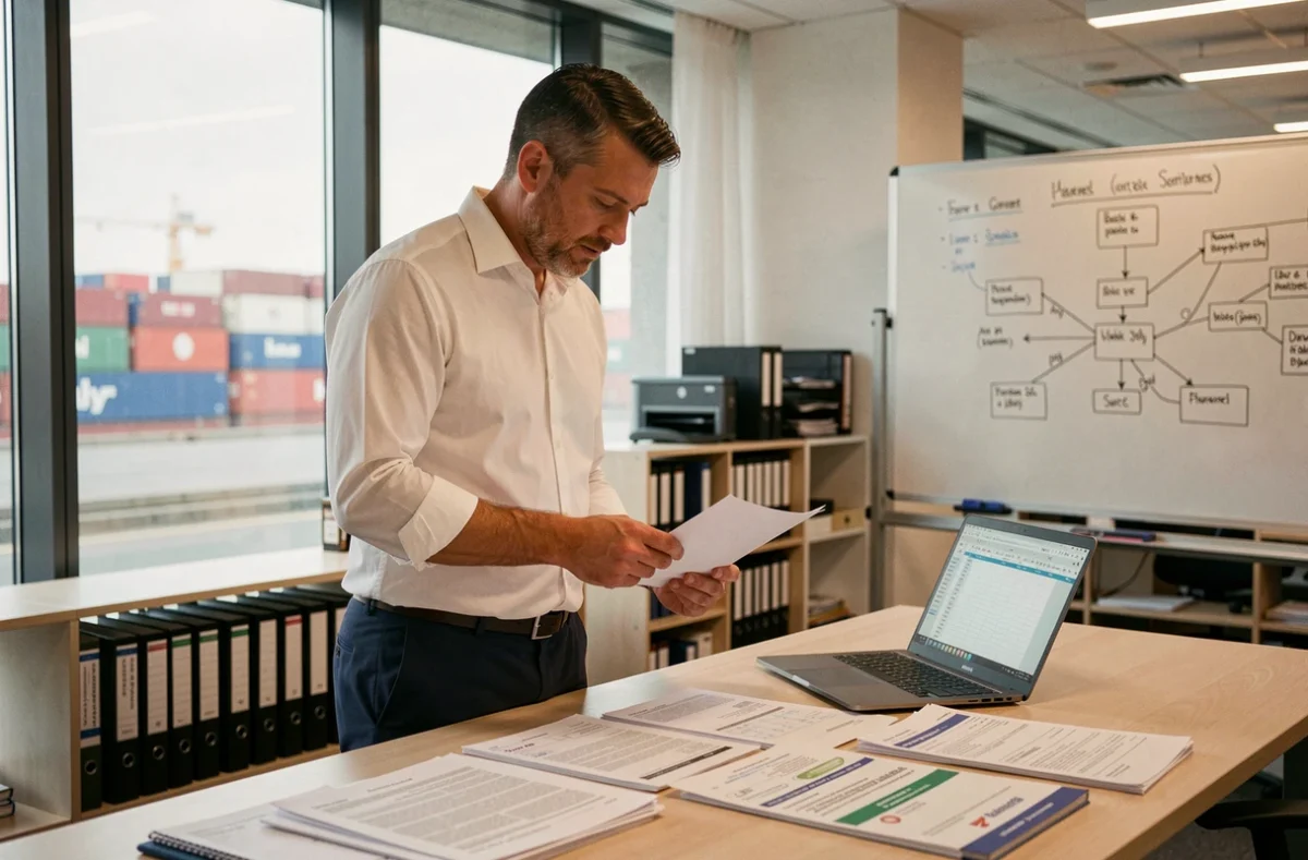 Responsable logistique analysant des documents de transport et de dédouanement liés à l'Incoterm DDP