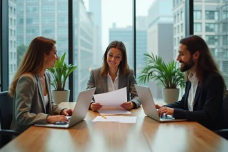Trois collègues en discussion dans un bureau moderne