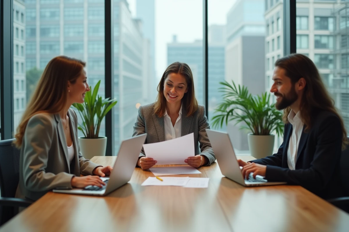 Trois collègues en discussion dans un bureau moderne