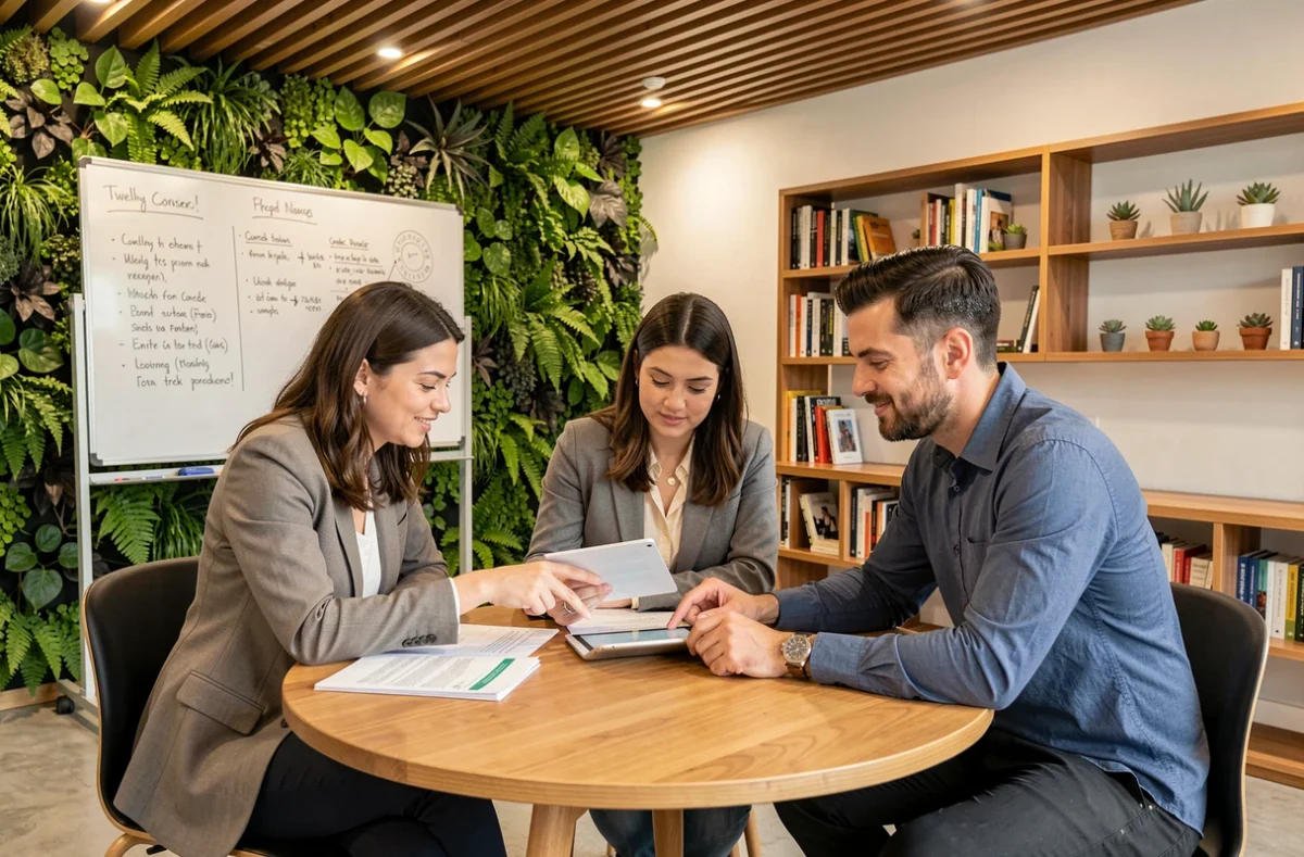Groupe de travailleurs indépendants en réunion collaborative autour d'une table dans un espace de coworking moderne à Bourges