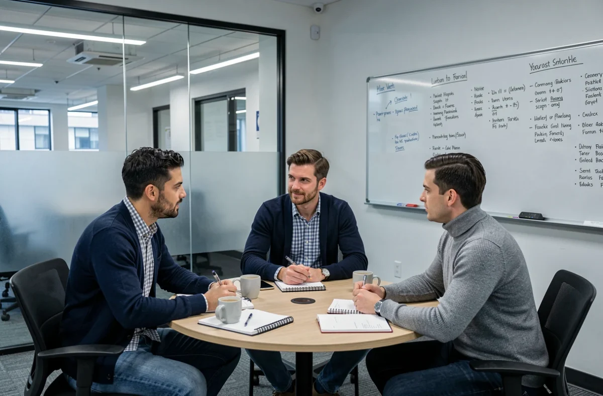 Groupe de professionnels en réunion collaborative dans une salle de coworking vitrée à Saint-Étienne
