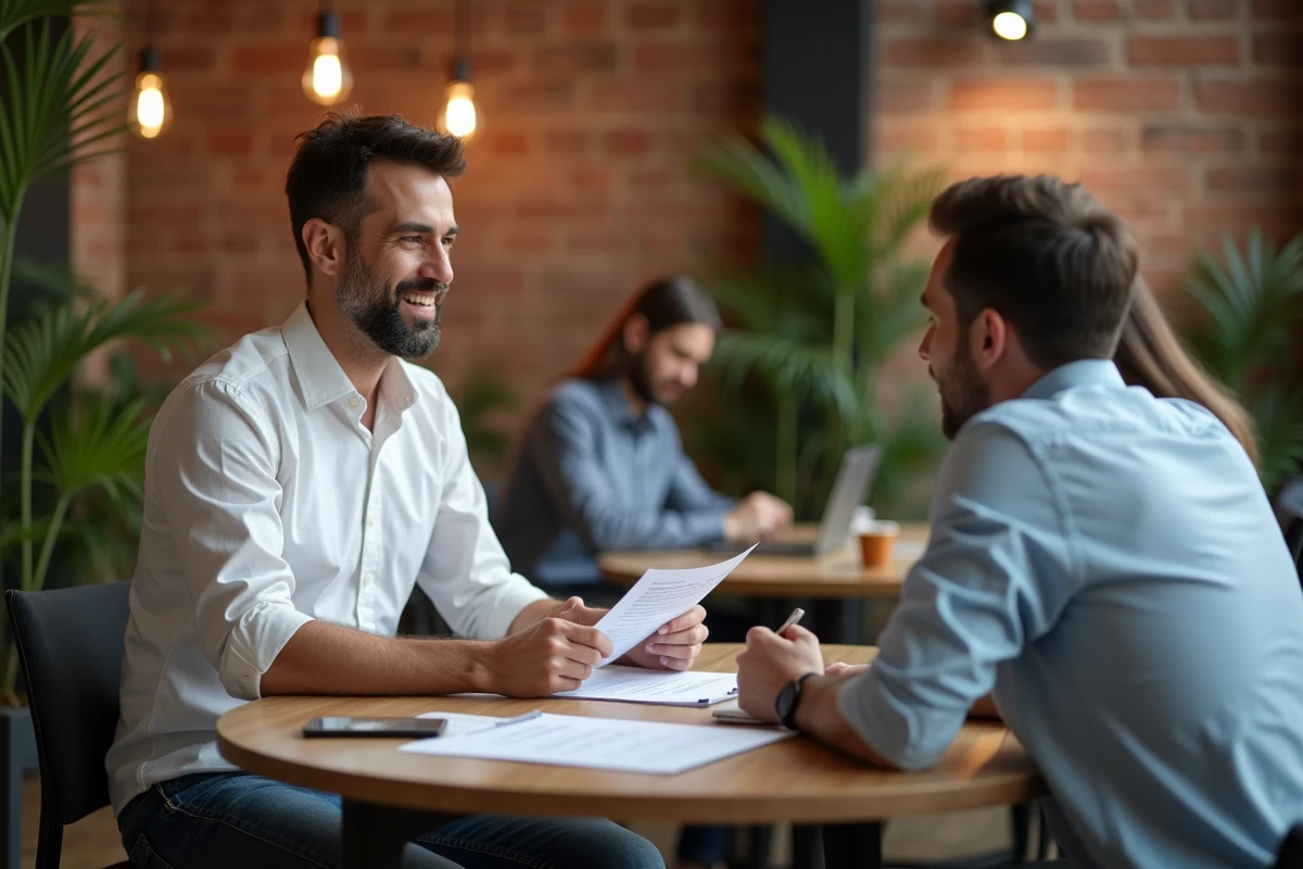 Réunion client avec un consultant GEO dans un espace de coworking, discussion autour d'avis et de retours d'expérience en 2026