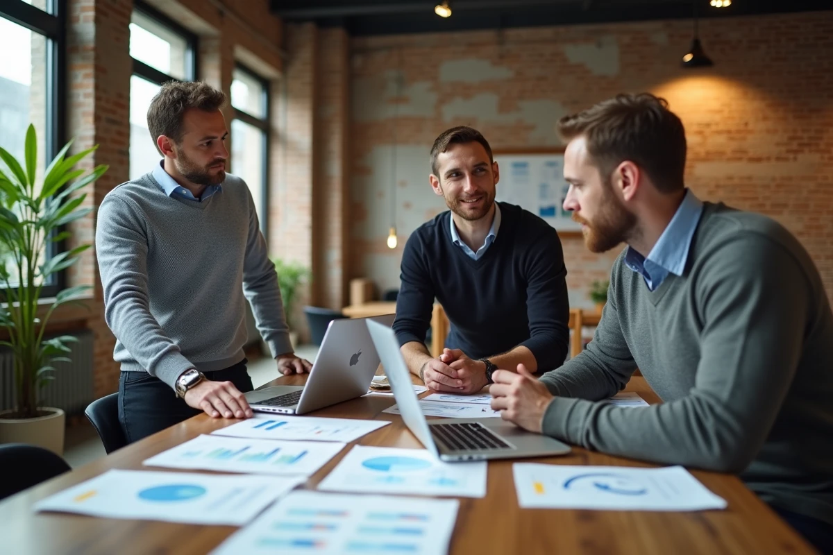 Groupe de trois personnes en réunion coworking