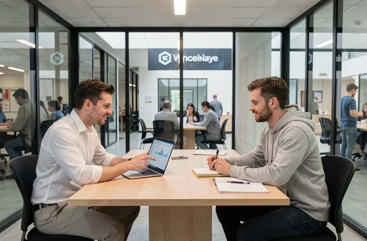 Deux entrepreneurs en réunion de travail dans une salle vitrée au sein de l'incubateur Station F à Paris